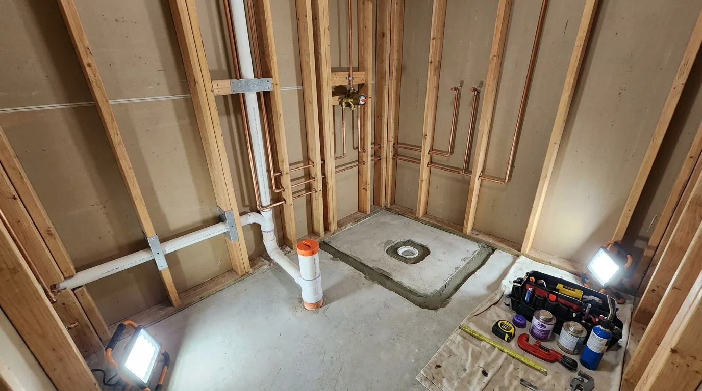 Bathroom rough-in plumbing during remodel by Johns Plumbing LLC in Potsdam