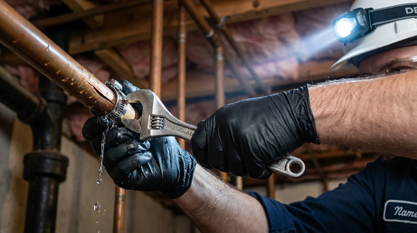 Emergency pipe clamp repair being performed by a Johns Plumbing LLC plumber in Potsdam