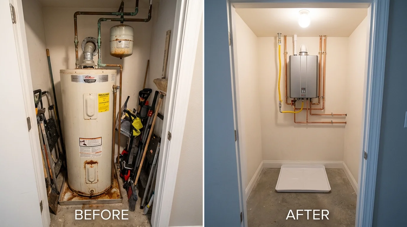 Tank water heater versus wall-mounted tankless unit comparison for Potsdam, NY homeowners