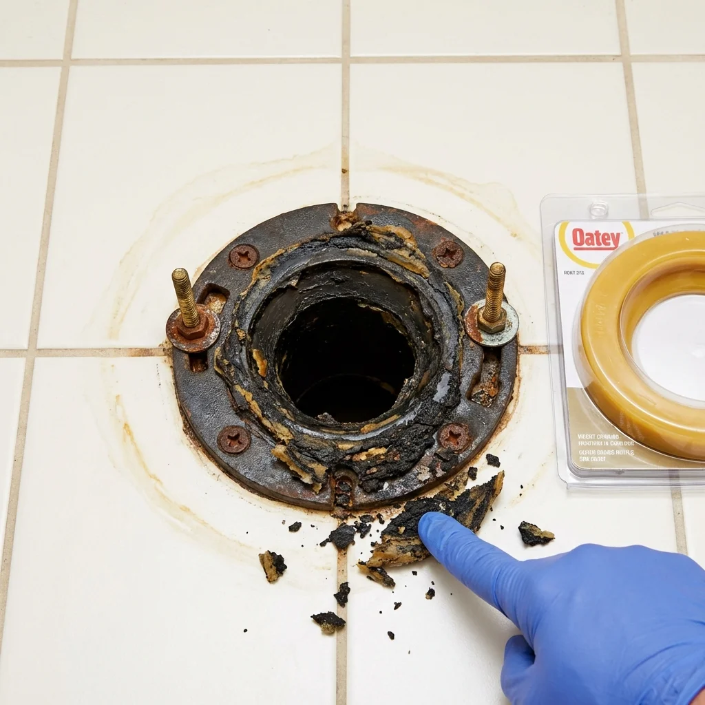 Failed wax ring showing water seepage at the base of a toilet in a Potsdam, NY home
