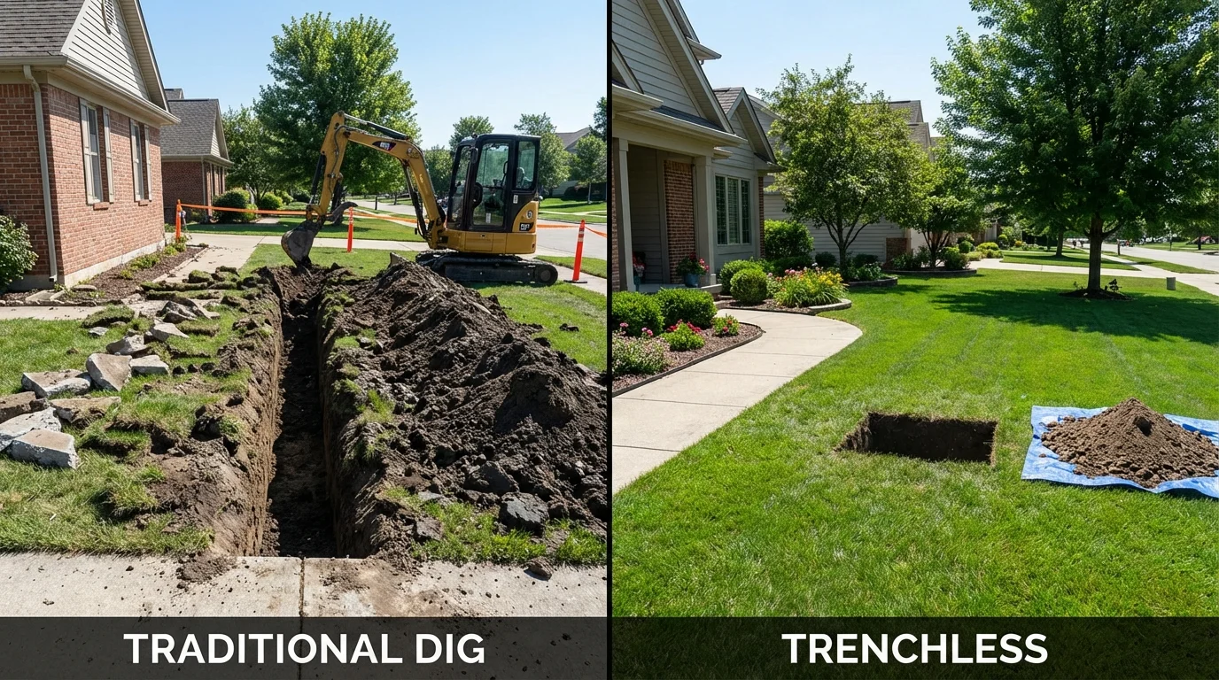 Trenchless sewer repair with minimal yard damage versus traditional excavation in Potsdam, NY